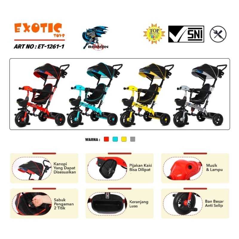 Sepeda Anak-Anak Roda Tiga Tricycle EXOTIC ET: 1261-1 Batman (4 in 1).