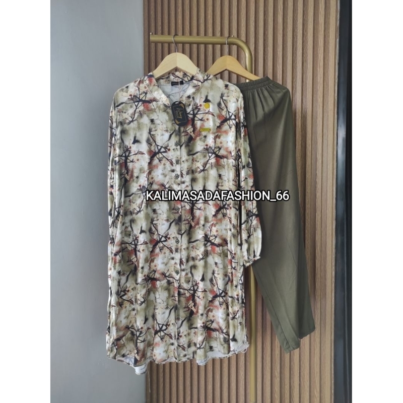 One set Long Tunik Rasya Setcel Rayon Twill Motif Bunga Setelan Wanita Kekinian Jumbo LD 100-120cm