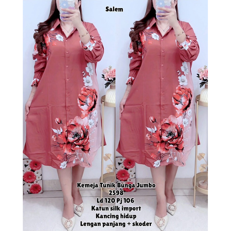 2598 KEMEJA TUNIK BUNGA JUMBO LD120 KATUN SILK WANITA|TUNIK SILK|TUNIK LD120|TUNIK MOTIF BUNGA