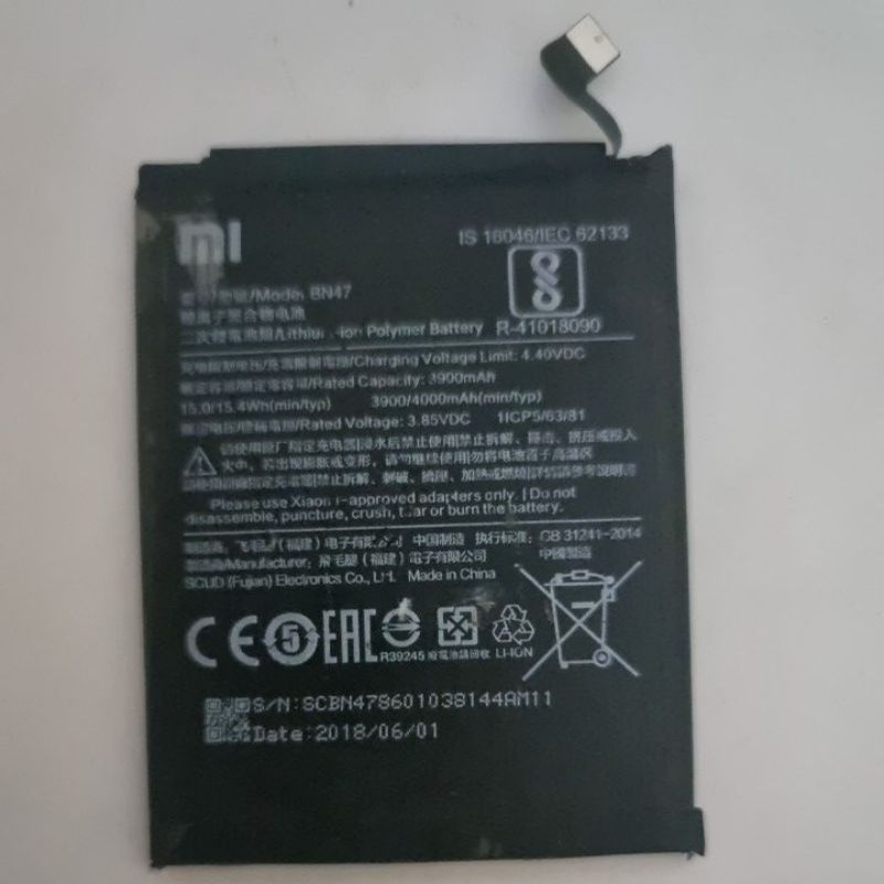 BATERAI/BATERE BN47 UNTUK REDMI 6 PRO, MI A2 LITE,  ORIGINAL COPOTAN (KONDISI BEKAS)