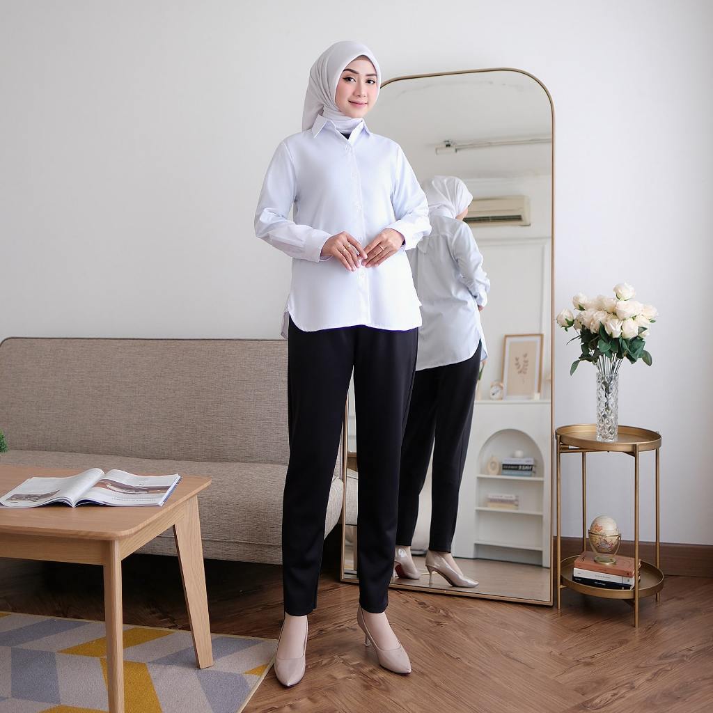 Seenaoutfit - KM 013 Baju Putih Kemeja Putih Polos Wanita Kerja Kantoran PNS Guru Kombinasi Renda Le
