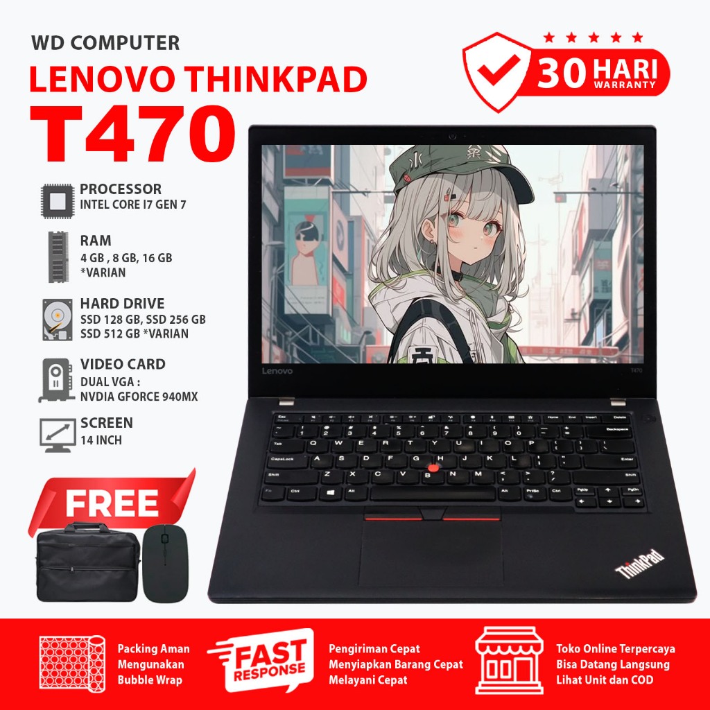 Lenovo Thinkpad T470 Nvidia Geforce 940MX - I7 Gen 7 I Ram 32 Gb SSD 1 TB NVME I Bonus Mouse Dan Tas