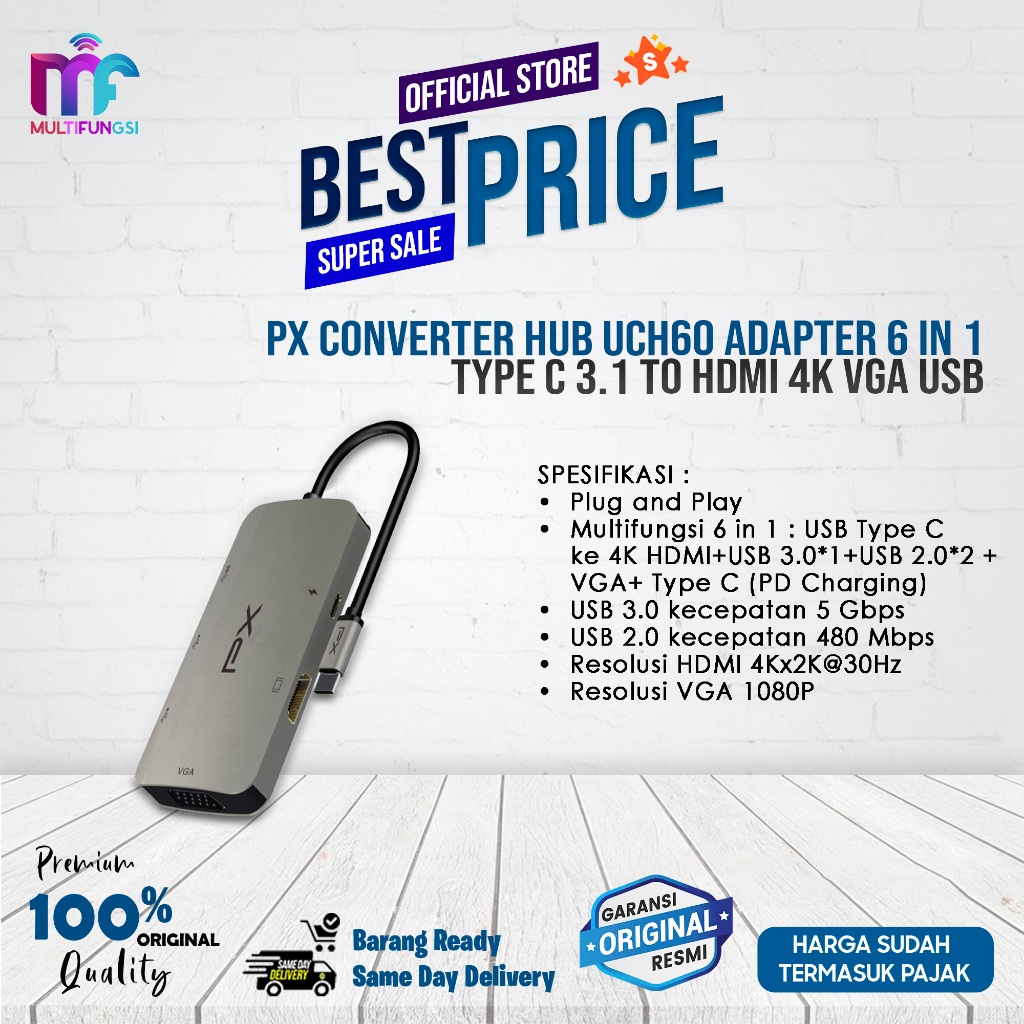 PX Converter Hub UCH60 Adapter 6 in 1 Type C 3.1 to HDMI 4K VGA USB