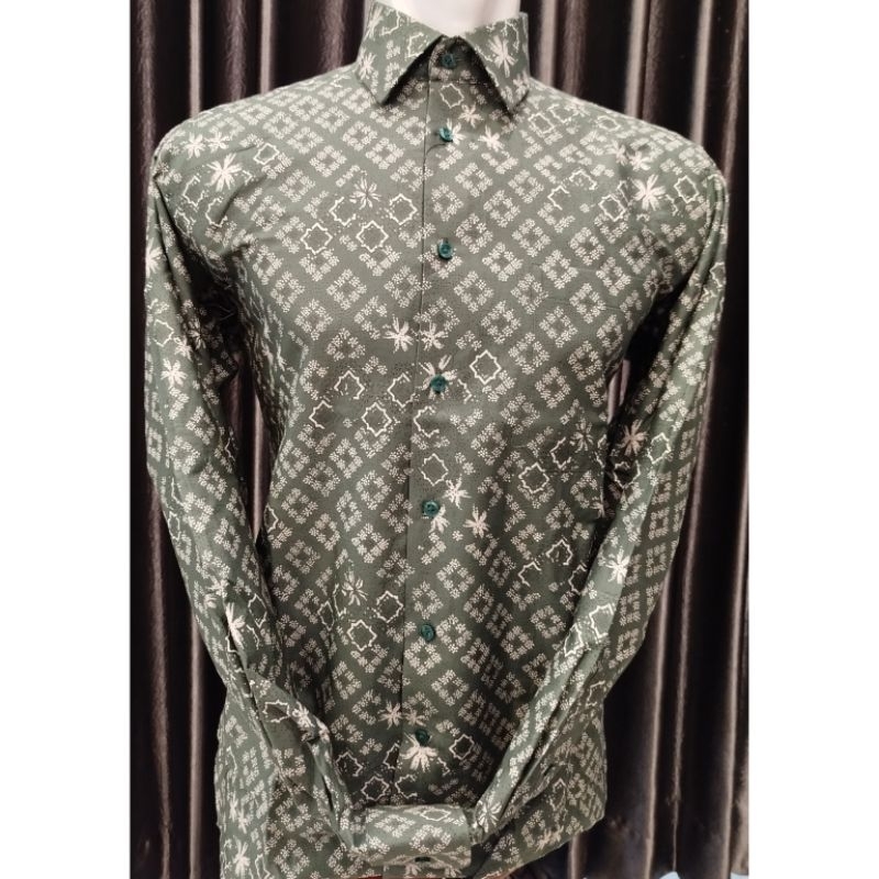 Alisan Kemeja Printing Fashion Kotak Bintik Lengan Panjang Slimfit