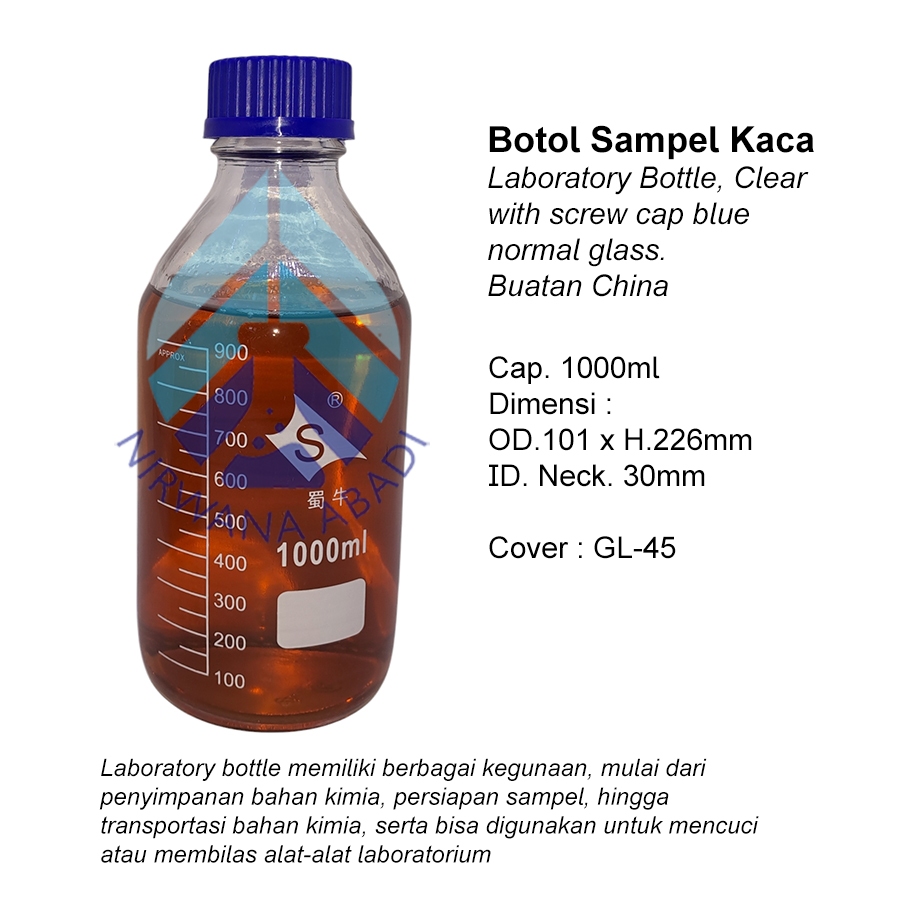 Botol Sampel 1000ml Bening RRC, Lab Bottle Clear, Laboratory Bottle, Reagen