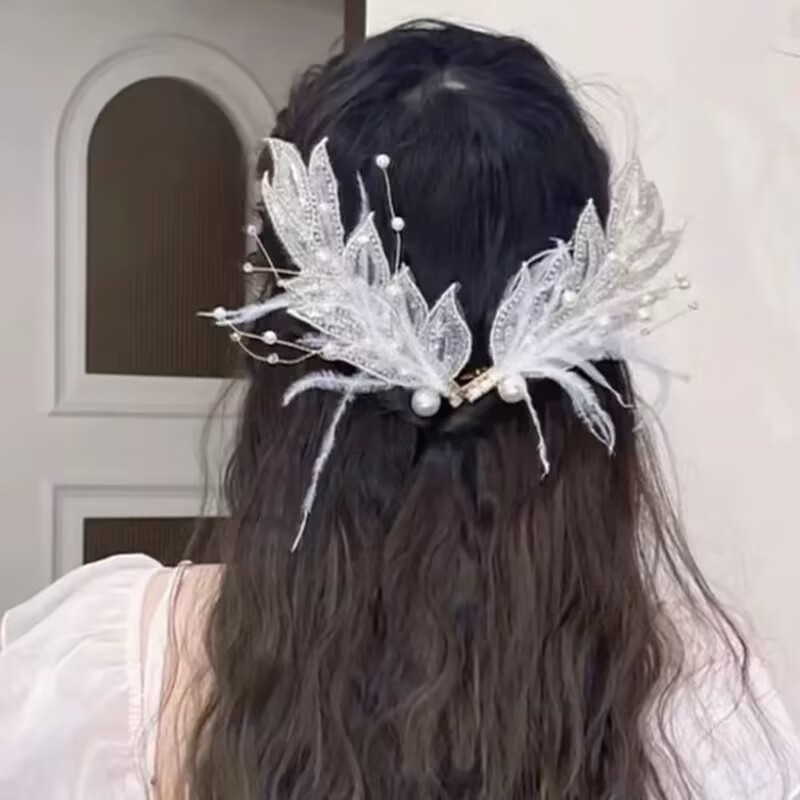 Hiasan Kepala Pengantin Buatan Tangan Jahit Kain Bulu dan Jepit Rambut Daun Penjepit Tepi Aksesoris 