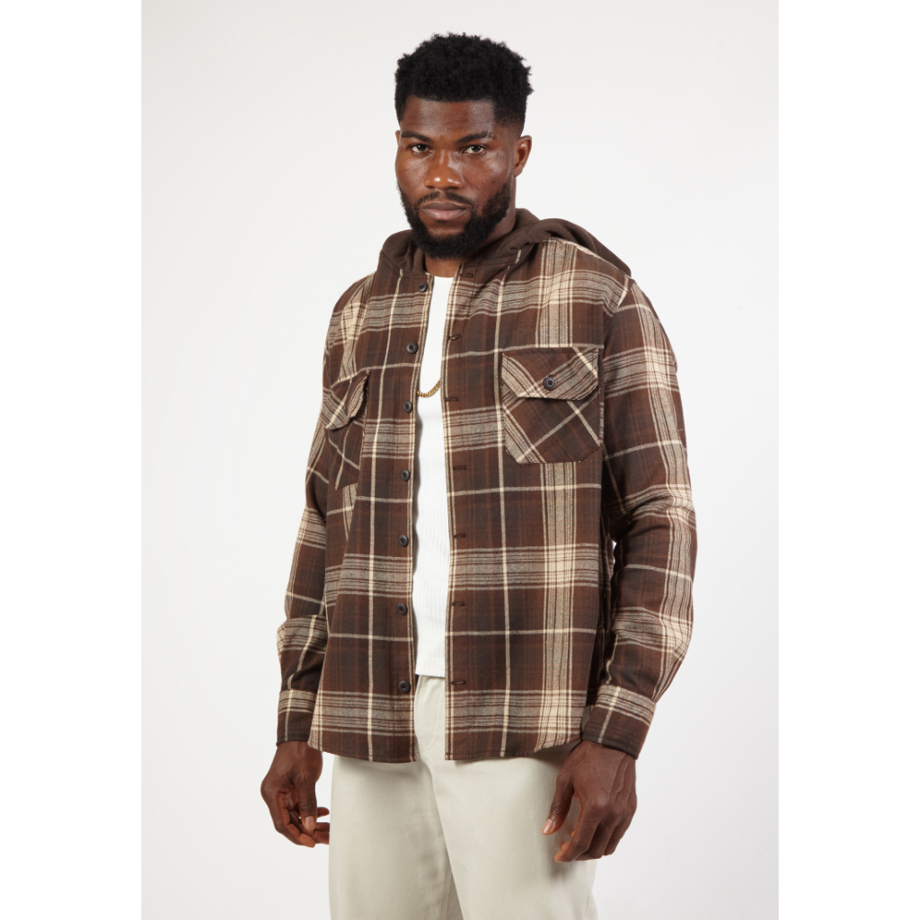 OCWA JERICO OVERSIZED FLANNEL PLAID BROWN SHIRT HOODIE