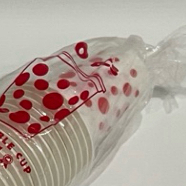 Gelas Plastik Aqua Polkadot Merah Ondel 50 pcs / JOY Gelas Bola Bola / Gelas Jasuke