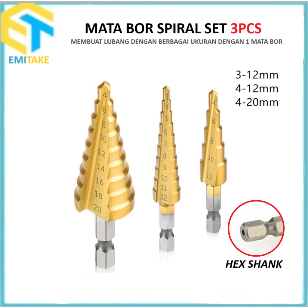 Mata Bor Spiral Pagoda Set 3PCS 3-20 mm Step Drill Bit Mata Bor Besi Kayu HSS Titanium Drill
