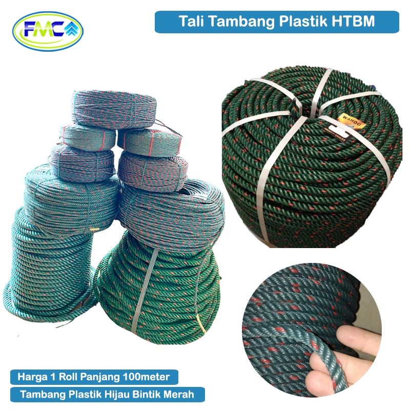 Tali Tambang Plastik Besar Roll Tali HTBM Tampar PE Warna Hijau Bintik Merah Ukuran 16mm 18mm 20mm 2