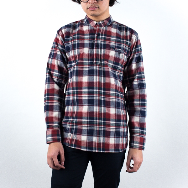 QUTN Kemeja Pria Band Collar Lengan Panjang Band Collar HB LS - Broken White Plaid