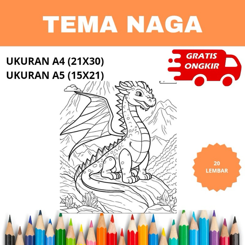 

Lembar Kertas Mewarnai Anak - Tema Naga