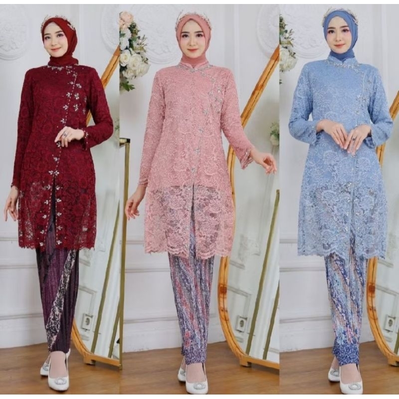PROMO BAJU KEBAYA MURAH BEST SELLER MODEL KEBAYA TUNIK BROKAT JANGGAN SYAFIRA TILLE PAYET KOMBINASI 