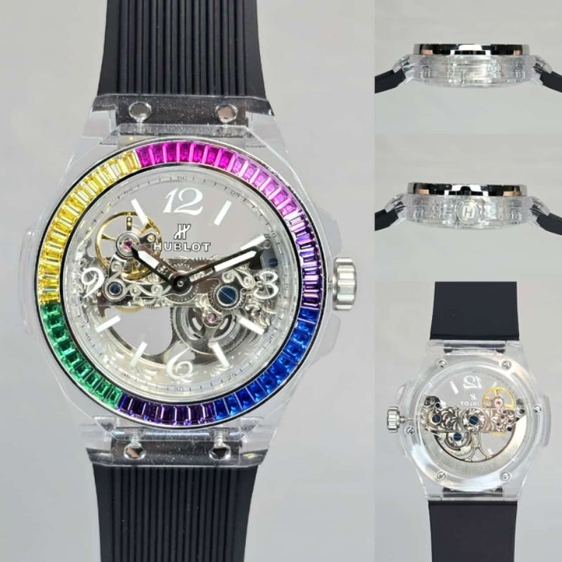 JAM TANGAN PRIA HUBLOT TRANSPARANT BRIGDE RAINBOW AUTOMATIC JAPAN SUPER QUALITY DIAMETER 44MM