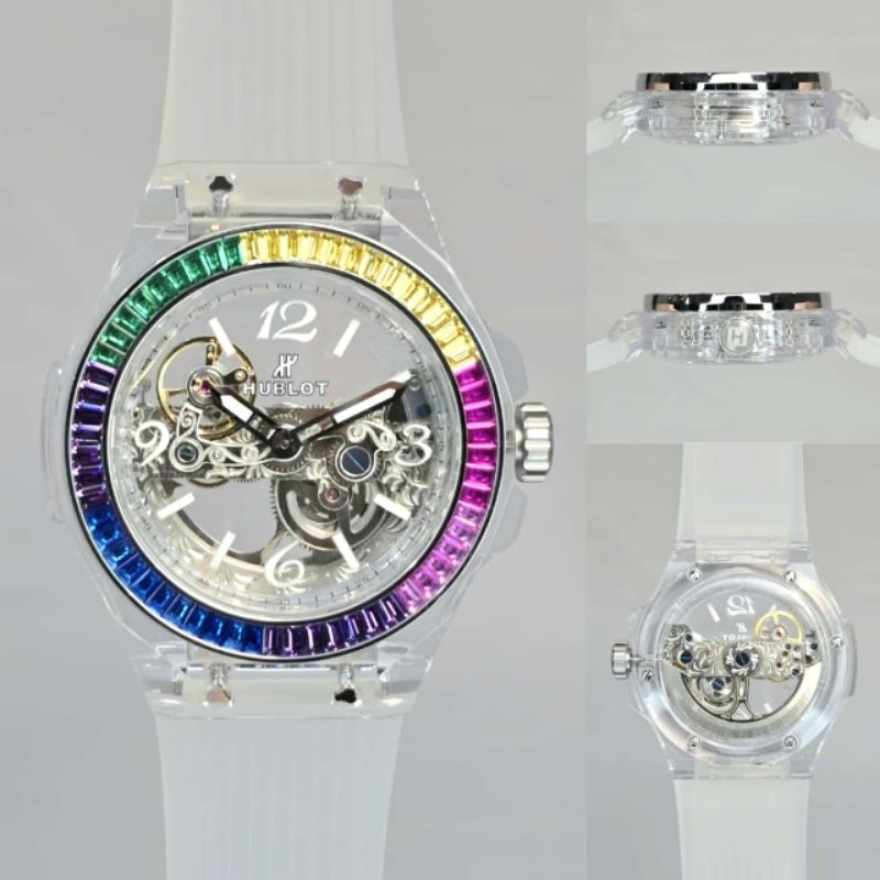 JAM TANGAN PRIA HUBLOT TRANSPARANT BRIGDE RAINBOW AUTOMATIC JAPAN SUPER QUALITY DIAMETER 44MM