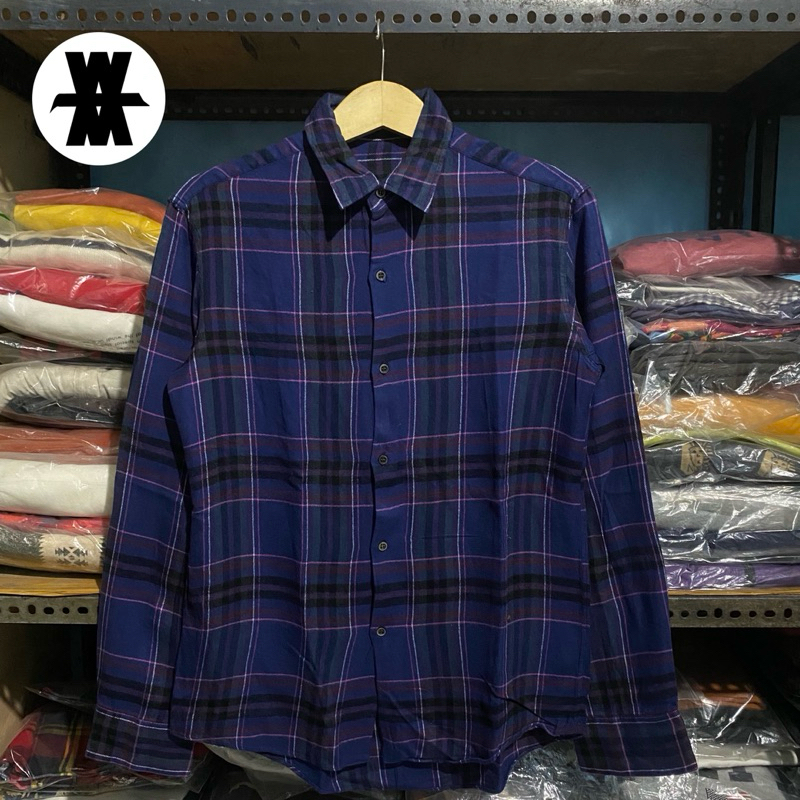 Lad Musician Japan Plaid Flanel L/S Shirt Biru to Ungu Size 44 72x52 MIJ