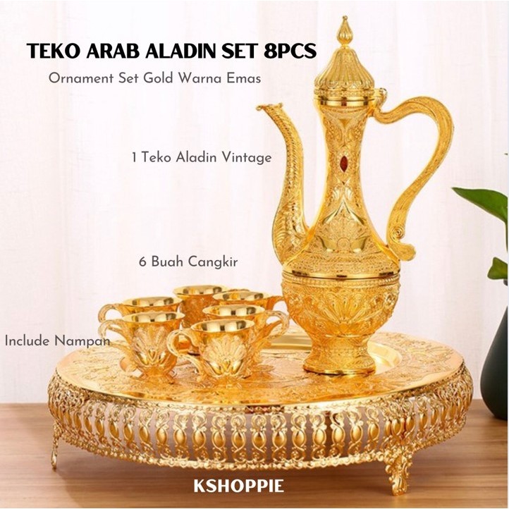 Teko Arab Aladin Set 8Pcs Gold dengan Cangkir dan Nampan Warna Emas Ornament / Set Gelas Anggur Kend