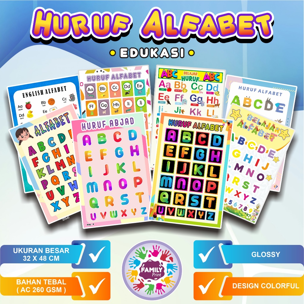 Poster Edukasi HURUF ABJAD ALFABET - Poster Huruf Alfabet -Belajar mengenal HURUF ABJAD ALFABET