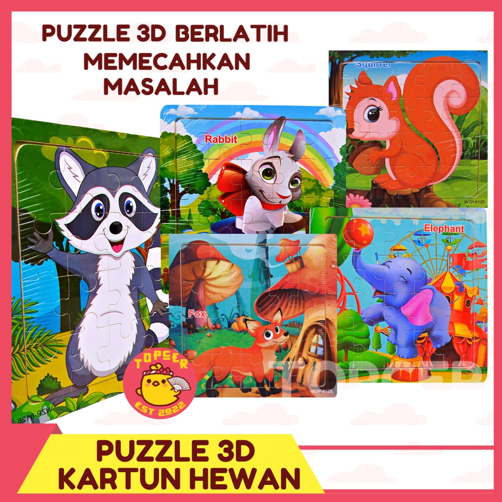 Puzzle Anak Jigsaw Mainan Edukasi Kayu Melatih Kecerdasan Mini Wooden Puzzel Karakter Hewan Binatang
