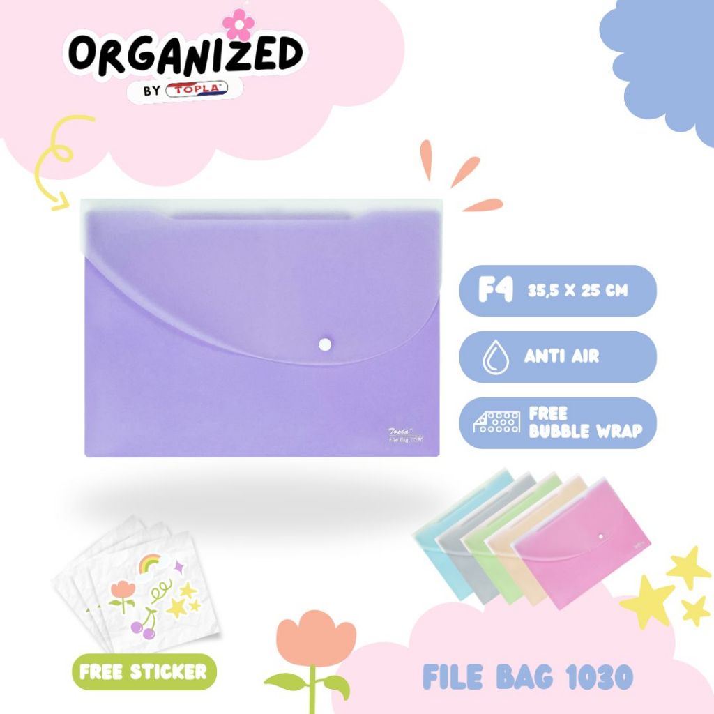 

File bag map plastik kancing dokumen kertas muat 100 lmbr ukuran Folio warna pastel dan solid Topla