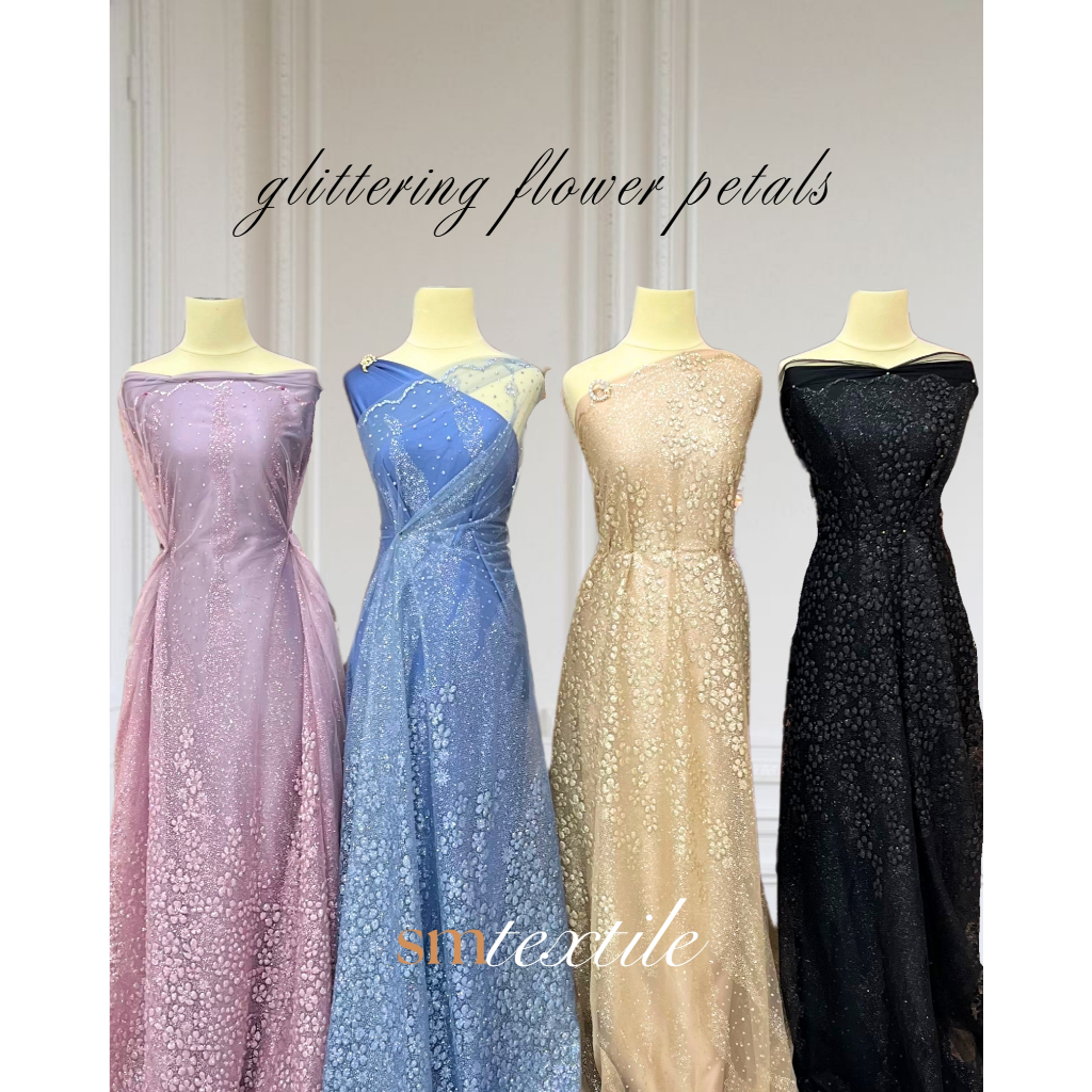 Tile Glittering Flowers | Kain Tulle Bordir Motif Bunga Gliter Timbul DT 3259