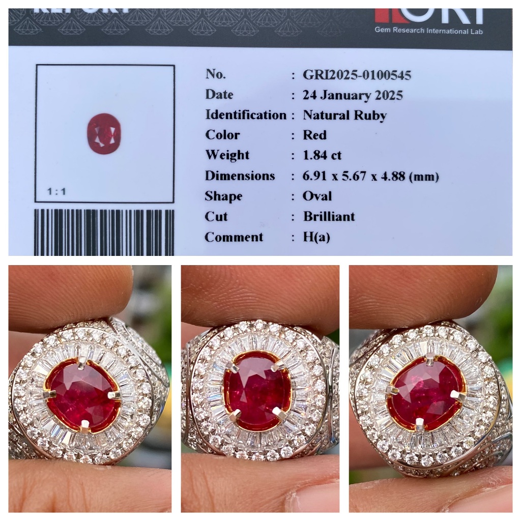 Natural 1.84ct red ruby top color memo gri microsetting