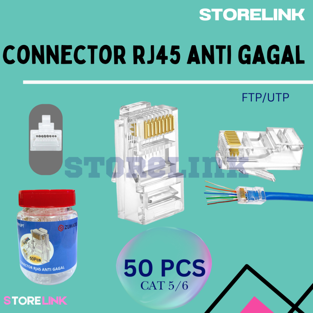 KONEKTOR RJ 45 ANTI GAGAL Kuning CAT 5/6 50PCS 1BOTOL, Anti Gagal Kabel Tembus RJ45 Cat5/6 Kabel UTP