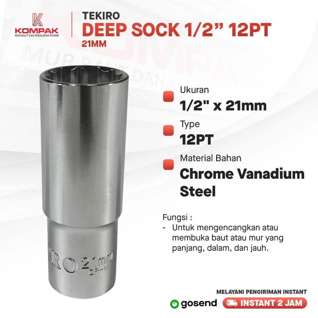 MATA KUNCI SOK 1/2" PANJANG 21MM 6PT TEKIRO - Kunci Sok Socket DEEP WALL Sock Spanner TEKIRO -