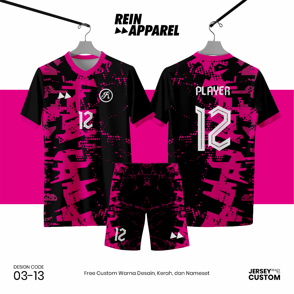 Jersey Bola Futsal Full Printing Kostum Nama/Nomor/Logo - 0313 Hitam Pink