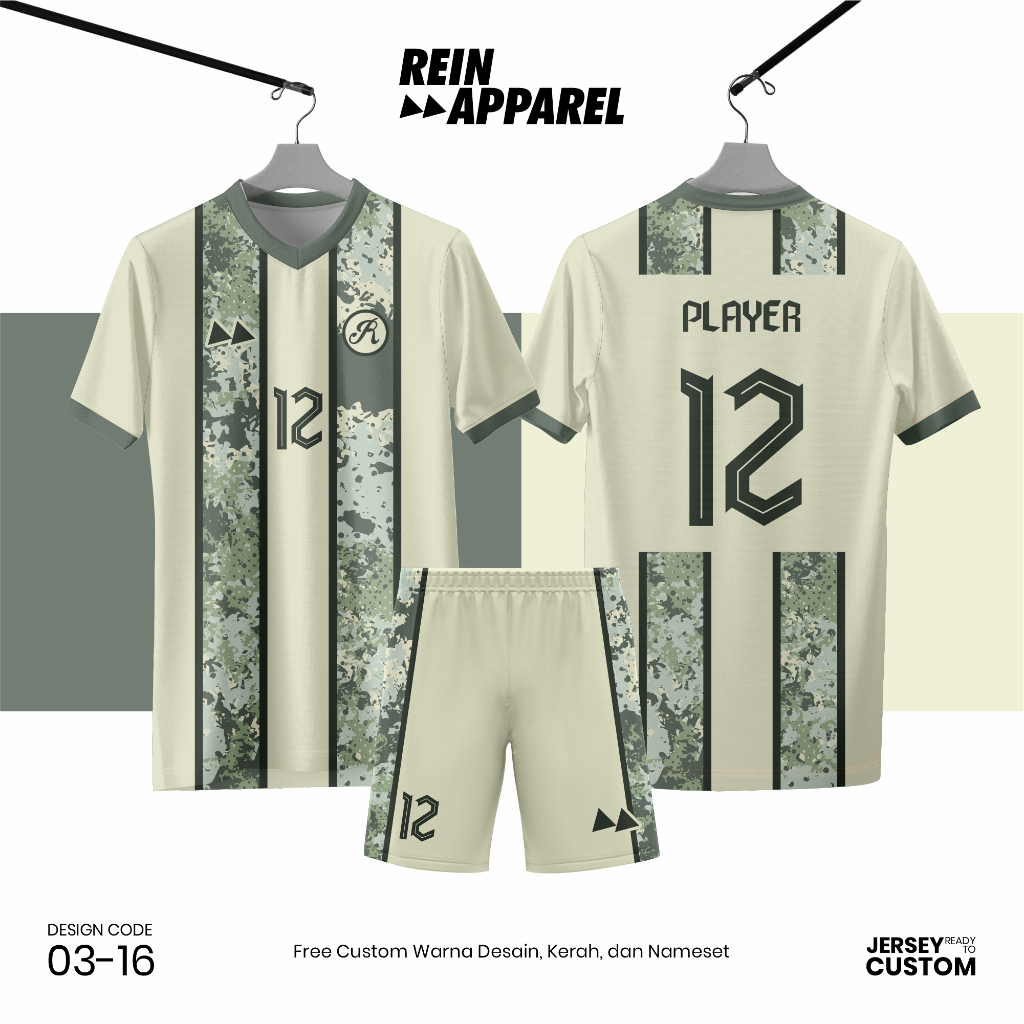 Jersey Bola Futsal Full Printing Kostum Nama/Nomor/Logo - 0316 Krem Hijau Sage