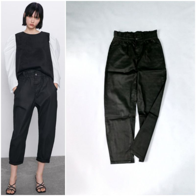 ZARA Coated Baggy Paperbag Trousers