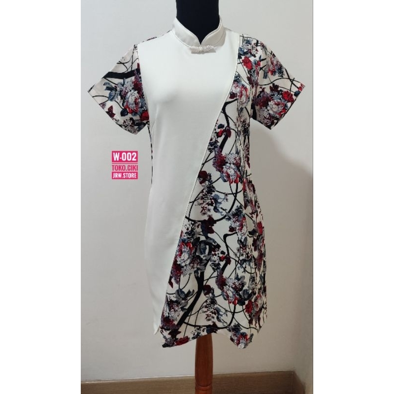 (W-002) NEW BARU TERUSAN CHEONGSAM PUTIH BATIK BUNGA CEWE PEREMPUAN WANITA