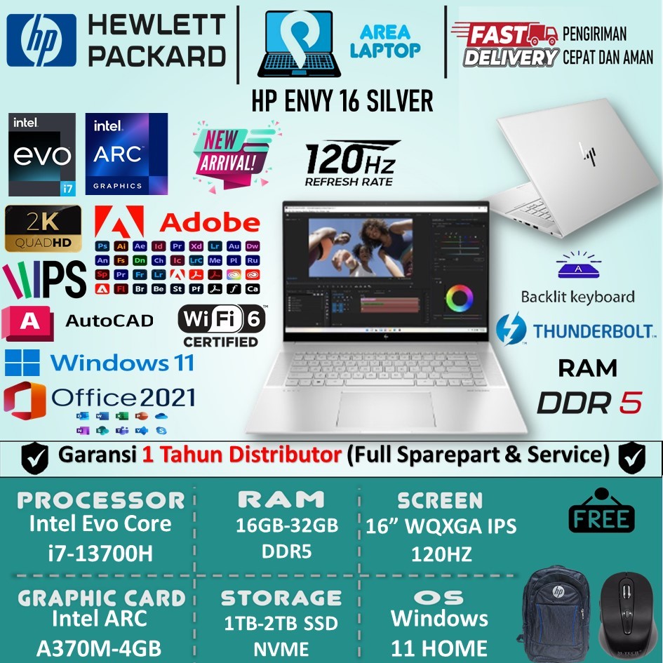 HP ENVY 16 Intel I7 13700H 32GB DDR5 2TB SSD ARC A370M-4GB WQXGA TOUCH 120HZ Backlite Win11 Home
