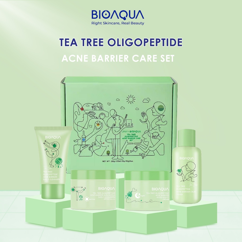 BIOAQUA Skincare Anak Paket 4pcs Tea Tree Oligopeptide Acne Set With Cleanser - Perawatan Kulit Berj