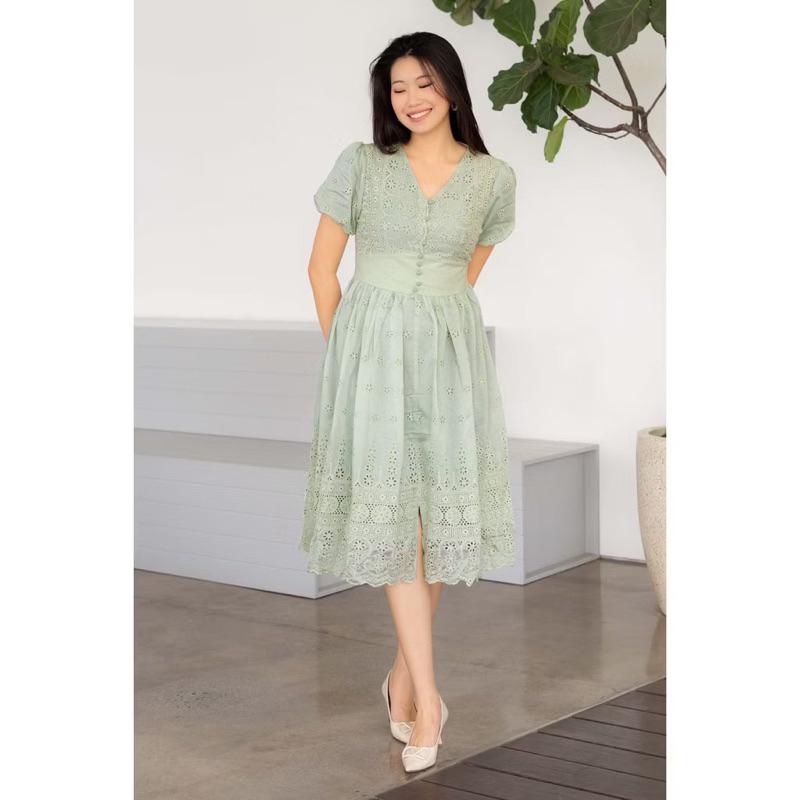 Dress Cewe Remaja Gaun Midi Puff Vneck Bruklat Sage Green