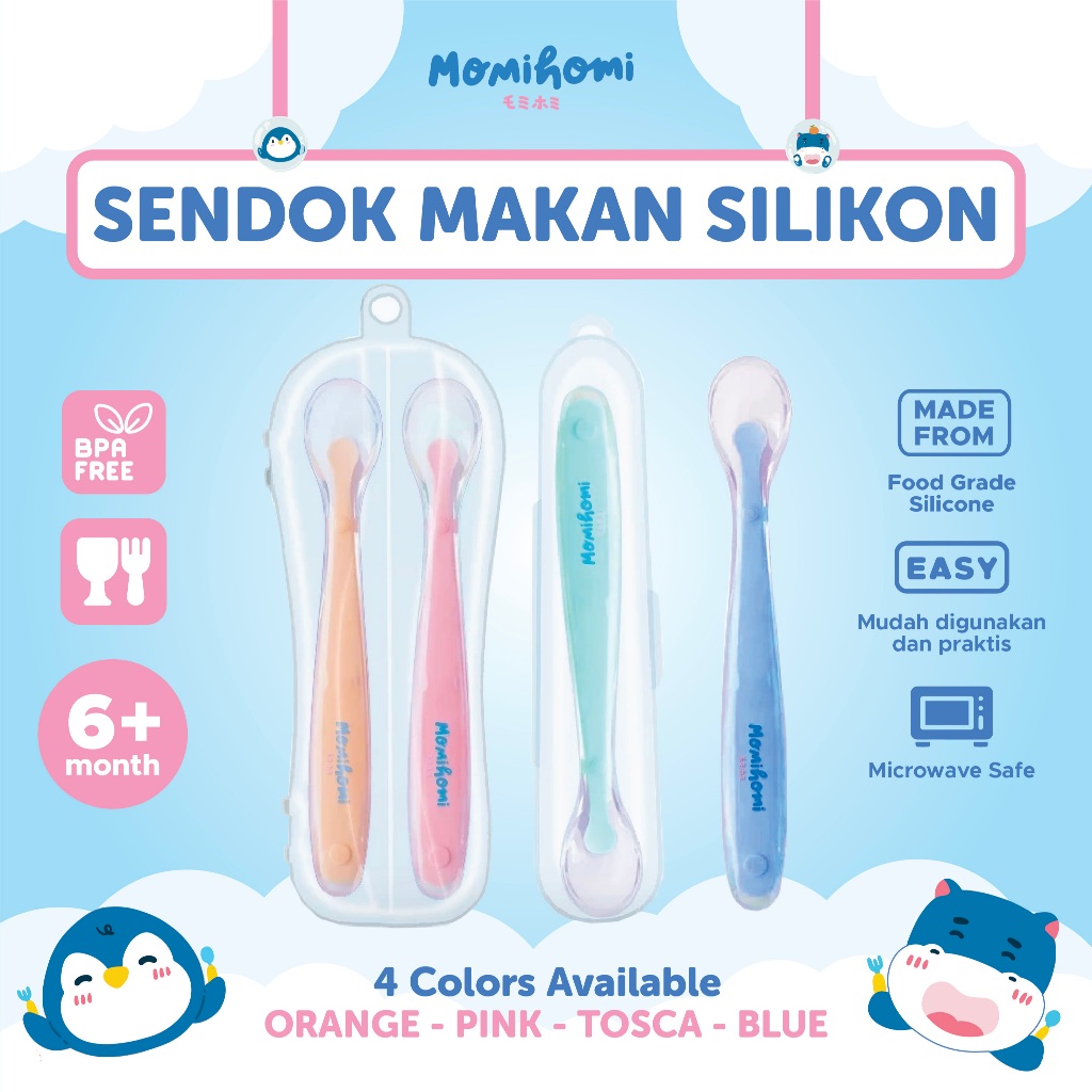 MOMI HOMI Sendok Makan Bayi Silikon Plus Box ( 3068 & 3069 ) Baby Safety Spoon Lentur Sendok Makan S