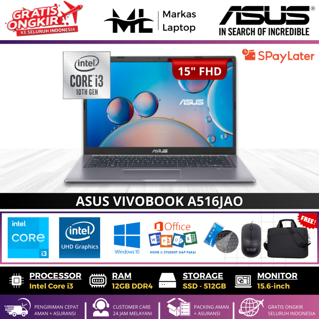 LAPTOP ASUS VIVOBOOK A516JAO INTEL CORE I3-1005G1 RAM 12GB SSD 512GB 15"FHD