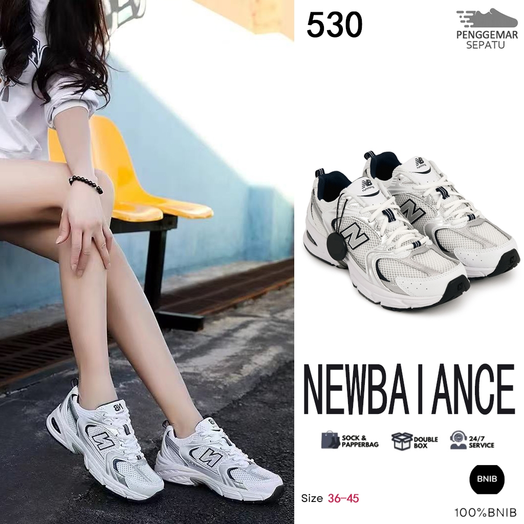Sepatu sneakers New Balance 530 dengan warna putih murni, model yang cocok untuk pria dan wanita.