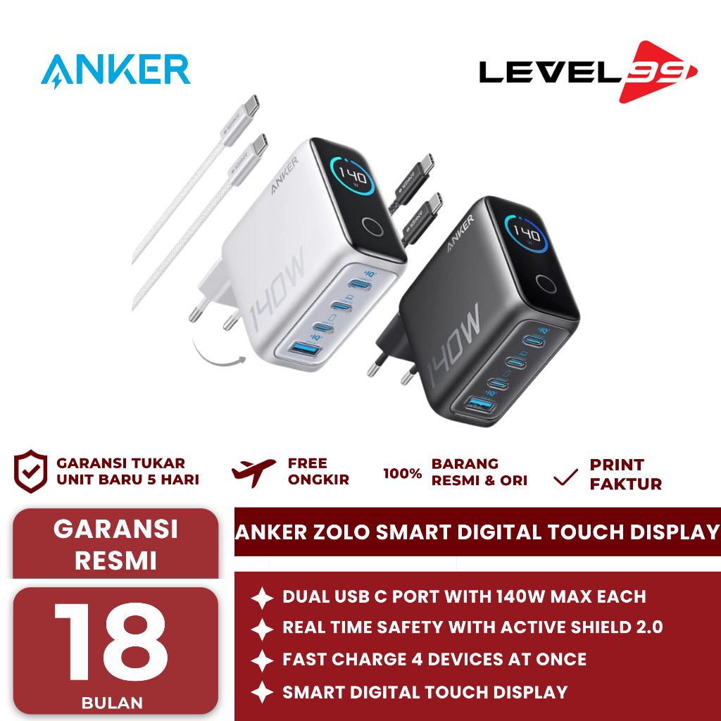 Anker Zolo Charger Smart Digital Touch Display Foldable 4-Ports Gan 140W Pd3.1 - B2697