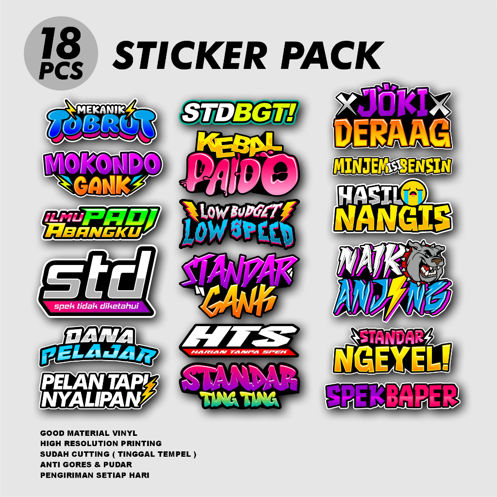 

STIKER PACK KATA KATA VIRAL RACING ISI 18 PCS STICKER STANDAR GANK KEBAL PAIDO MEKANIK TOBRUT SPEK BAPER LOW BUDGED LOW SPEED