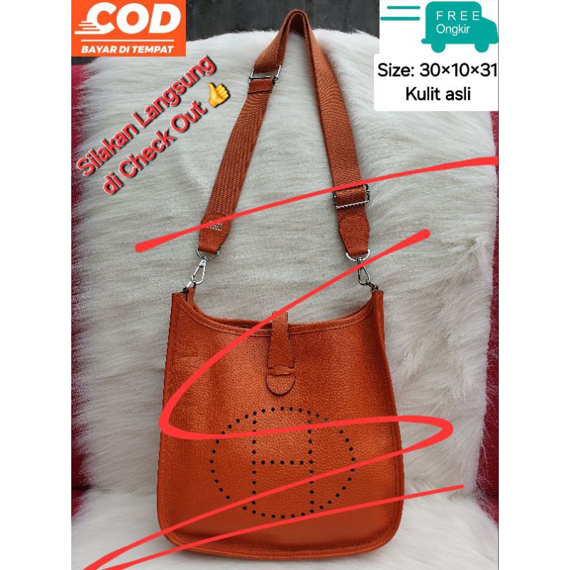 Tas Wanita Selempang Sling Bag Kulit Asli Orange Oren