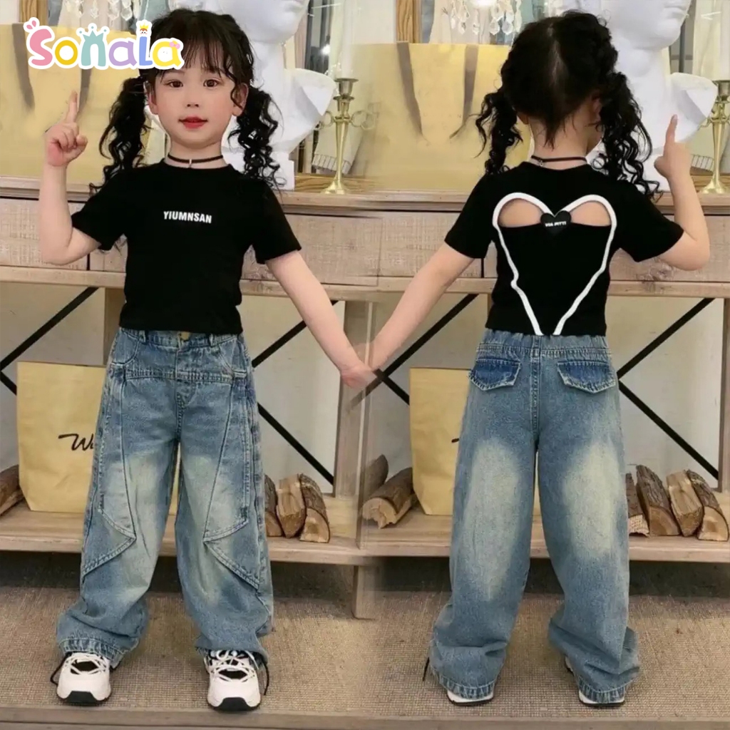 Setelan Jeans Anak Perempuan 2-10 Tahun Fashion Kaos Pola Hati Berongga+ Celana Panjang Desain Jeans