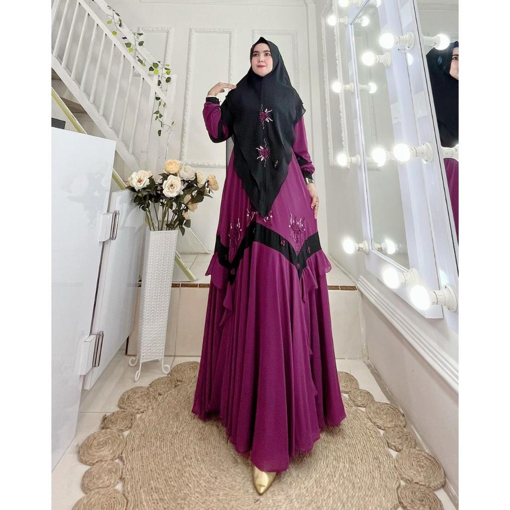 AJE ZAS - CANADA Gamis Payet Set Hijab Mewah kepala pet Antem Bahan ceruti BabyDoll Gamis Pesta Leba