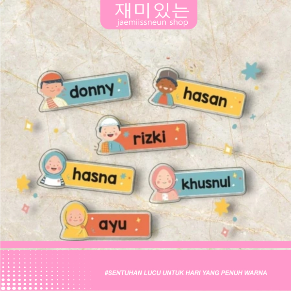 

Name Tag Anak Lucu Muslimah / Pin hijab custom nama/ nametag nama dada akrilik/ Souvenir Jepit Hijab Jilbab Tag Nama Custom