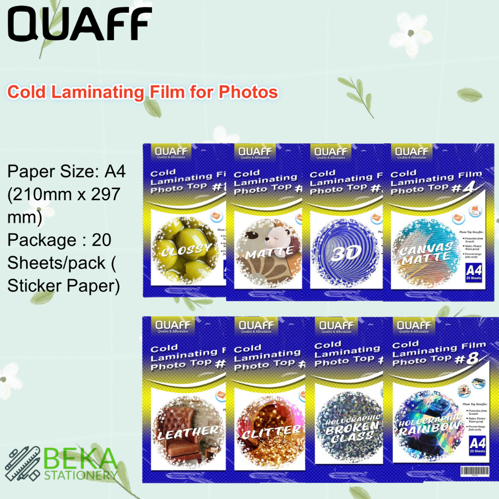 

QUAFF Photo Top Cold Laminating Film/Plastik Laminasi Dingin 80gsm A4 isi Ukuran 20 Lembar (per pack)