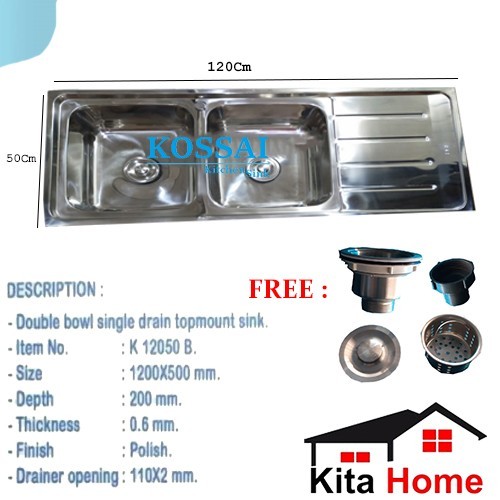 Bak Cuci Piring 2 Lobang stainless  +DRAIN/SAYAP / WASTAFEL / KOSSAI KITCHEN SINK K-12050B