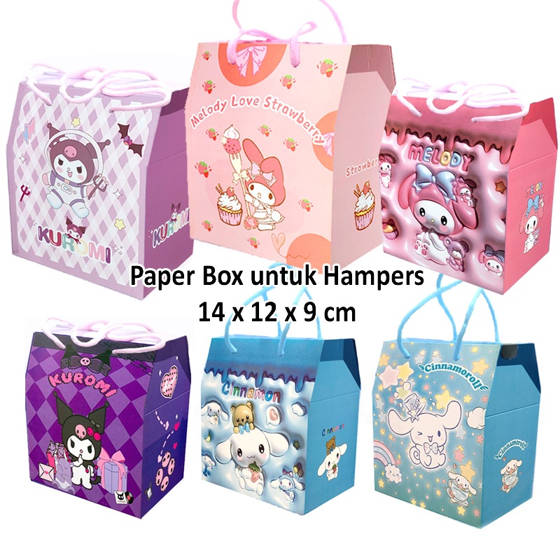 

Kotak Paper Box Goodie Bag Melody Kuromi Cinnamoroll ukuran 12 x 9 x 14cm Hampers Souvenir Tas Kado Bahan Kertas Art Carton Gambar Sanrio untuk Snack Ulang Tahun Birthday Anak Preschool PAUD TK SD