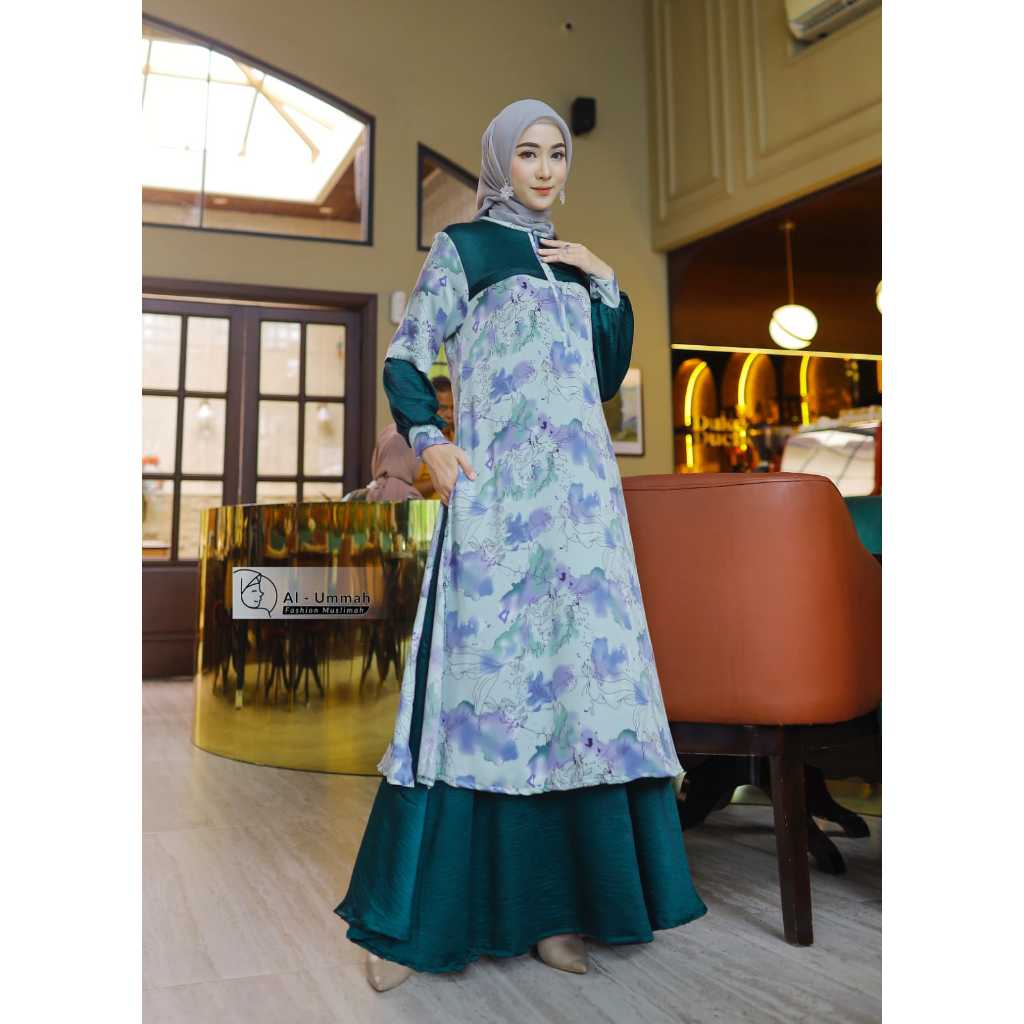 Gamis Wanita Malaysia Melayu Airflow Premium Motif Hijau Lumut Baju Perempuan Muslimah Al Ummah