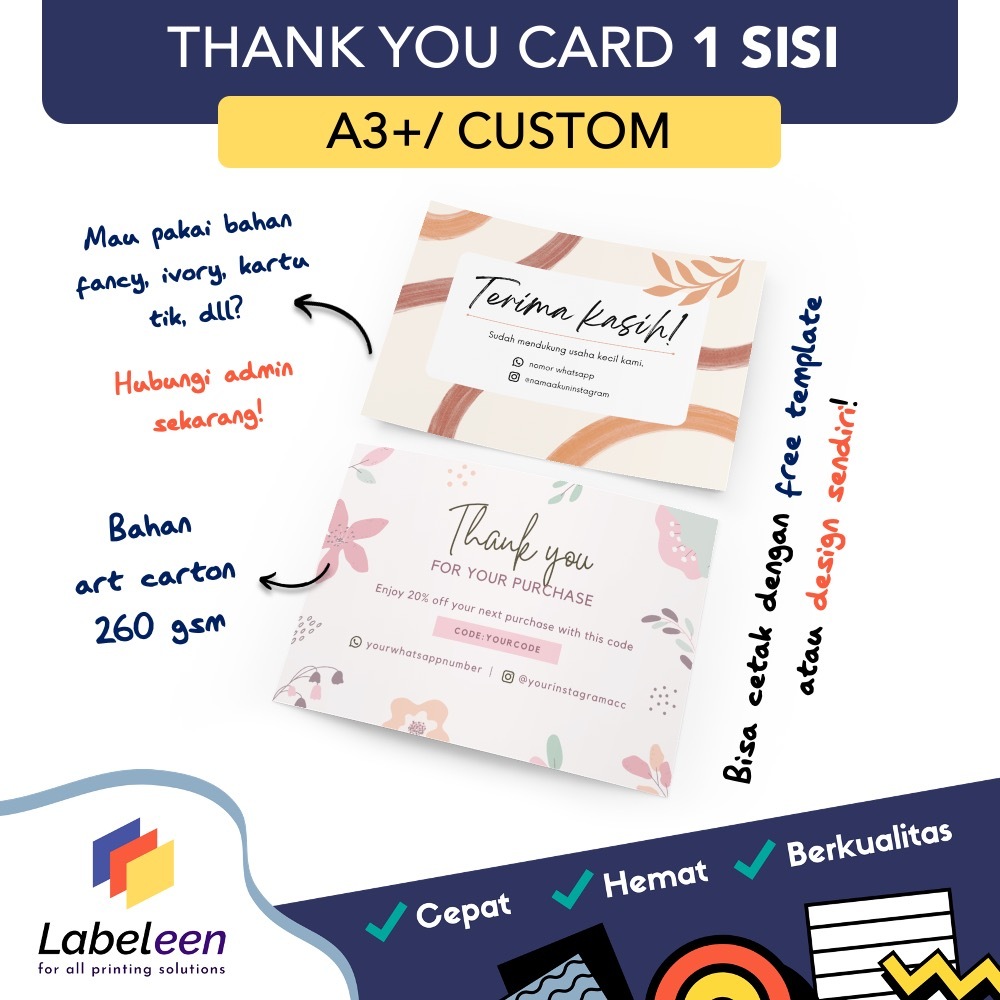 Cetak Thank You Card, Kartu Souvenir, Ultah A3+ Custom|Free template - 1-3 lembar
