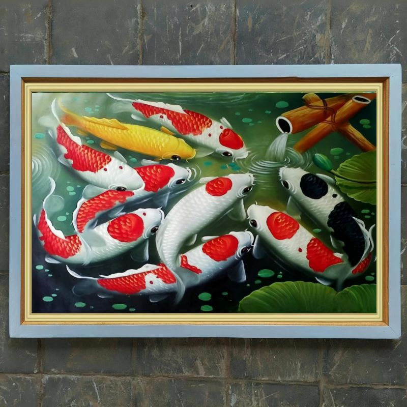 Hiasan dinding lukisan cetak ikan koi plus Bingkai ukuran 85*55